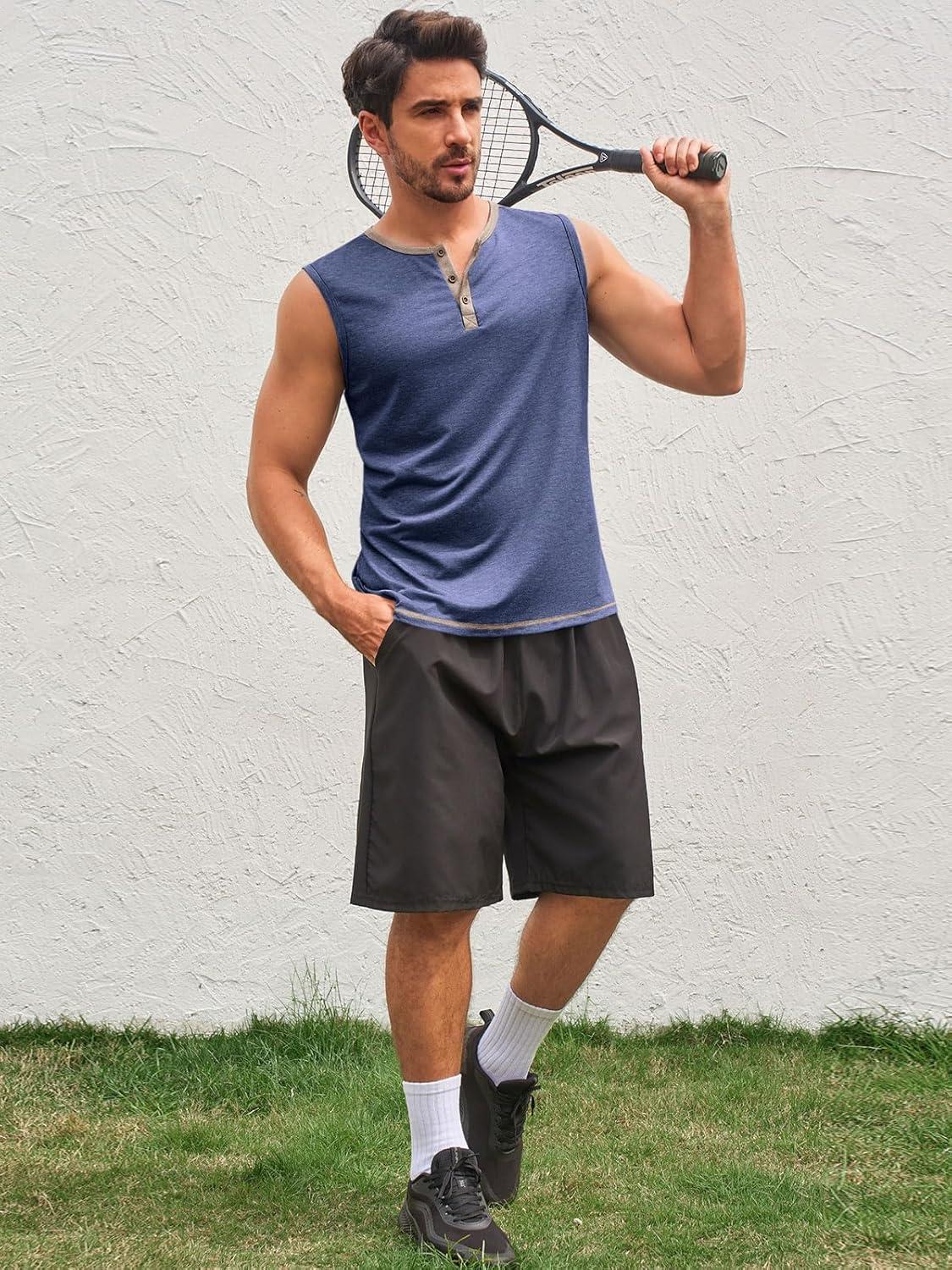 imageRuncati Mens Workout Tank Tops Sleeveless Gym Muscle Henley Shirt Casual Basic Summer Beach TopsNavy