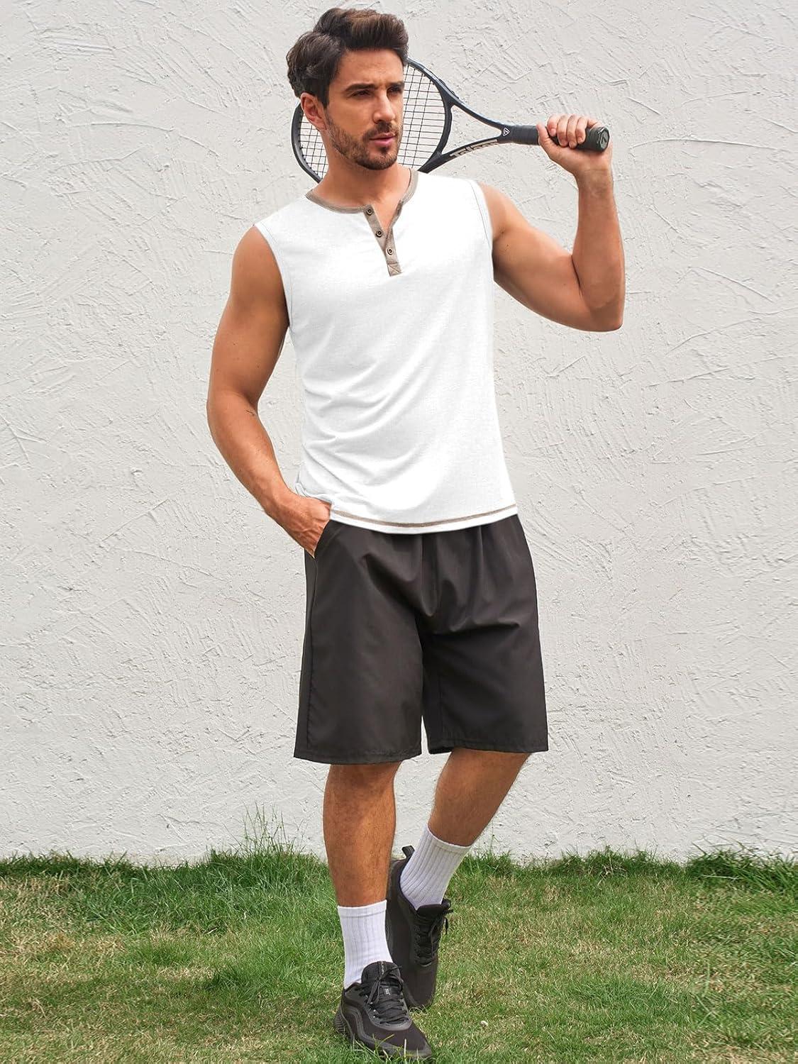 imageRuncati Mens Workout Tank Tops Sleeveless Gym Muscle Henley Shirt Casual Basic Summer Beach TopsWhite