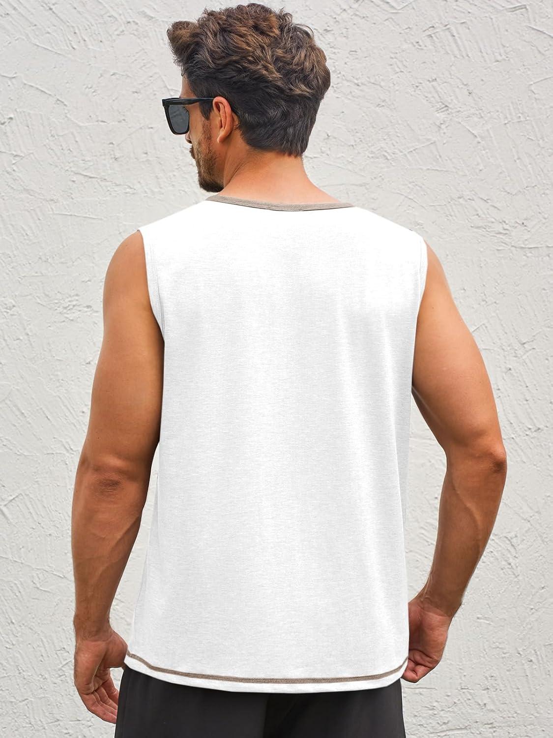 imageRuncati Mens Workout Tank Tops Sleeveless Gym Muscle Henley Shirt Casual Basic Summer Beach TopsWhite