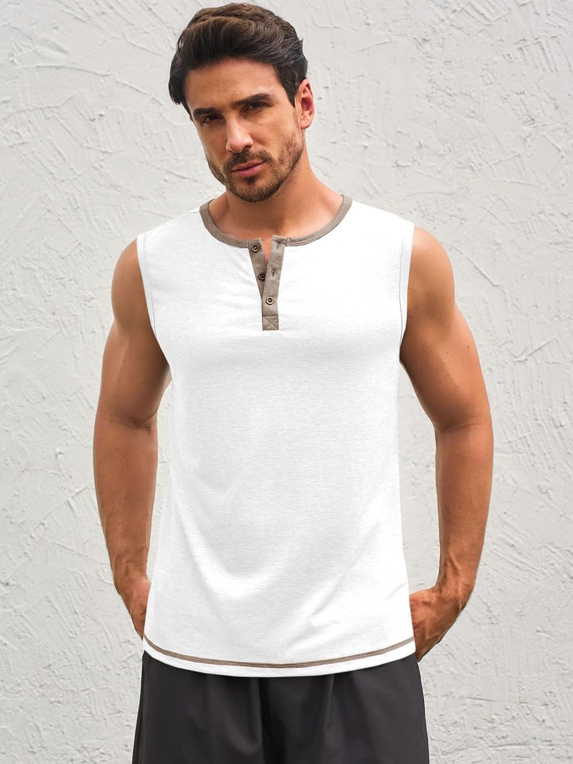 imageRuncati Mens Workout Tank Tops Sleeveless Gym Muscle Henley Shirt Casual Basic Summer Beach TopsWhite