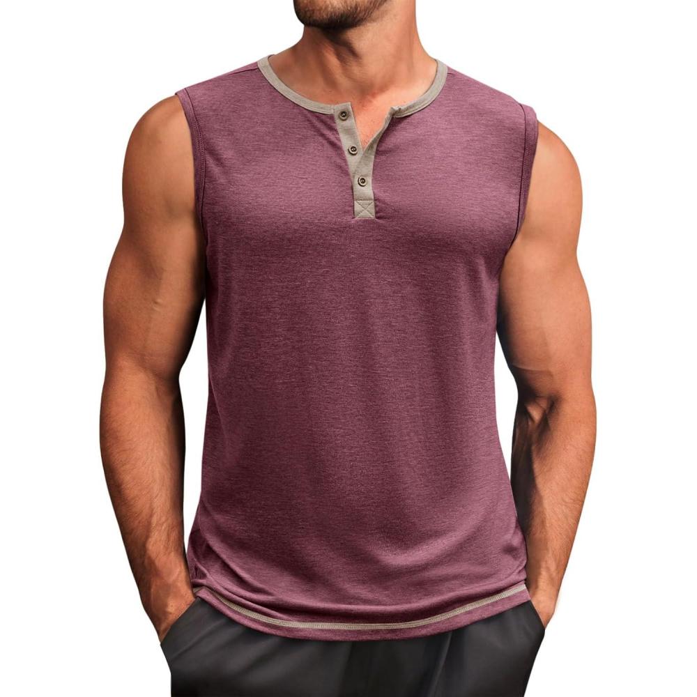 imageRuncati Mens Workout Tank Tops Sleeveless Gym Muscle Henley Shirt Casual Basic Summer Beach TopsBurgundy