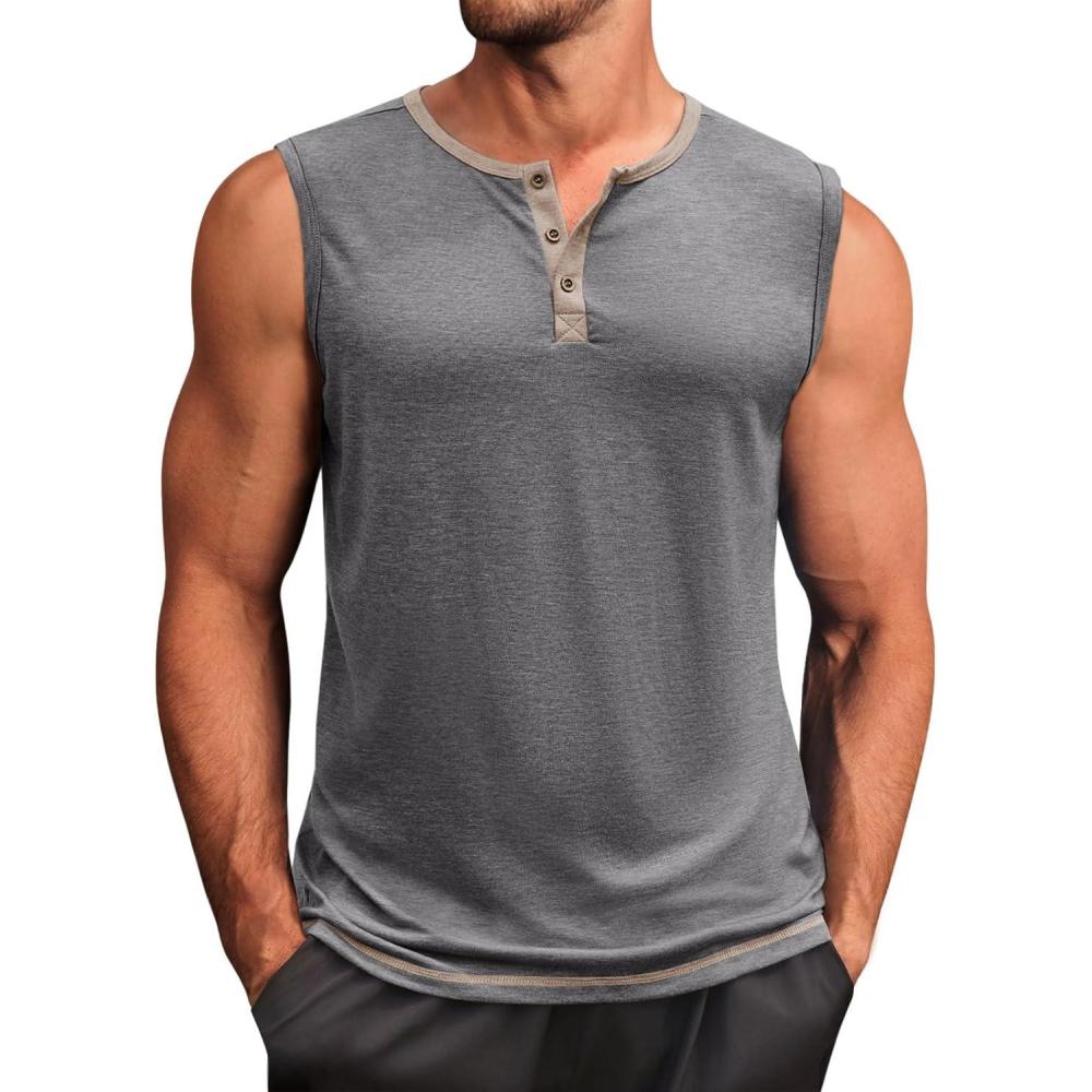 imageRuncati Mens Workout Tank Tops Sleeveless Gym Muscle Henley Shirt Casual Basic Summer Beach TopsDark Grey