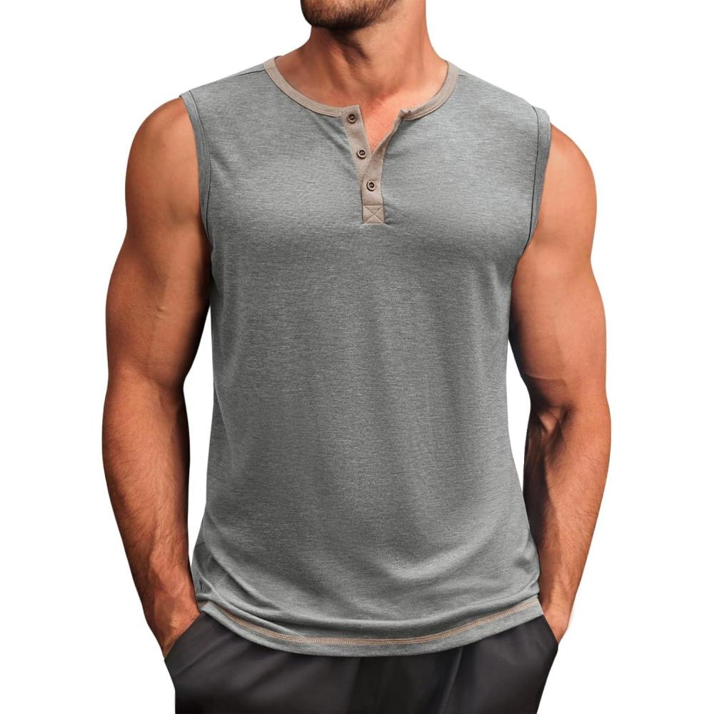 imageRuncati Mens Workout Tank Tops Sleeveless Gym Muscle Henley Shirt Casual Basic Summer Beach TopsGrey