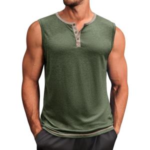 imageRuncati Mens Workout Tank Tops Sleeveless Gym Muscle Henley Shirt Casual Basic Summer Beach TopsArmy Green