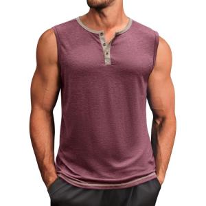 imageRuncati Mens Workout Tank Tops Sleeveless Gym Muscle Henley Shirt Casual Basic Summer Beach TopsBurgundy