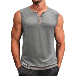 imageRuncati Mens Workout Tank Tops Sleeveless Gym Muscle Henley Shirt Casual Basic Summer Beach TopsGrey
