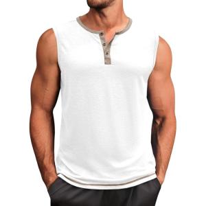 imageRuncati Mens Workout Tank Tops Sleeveless Gym Muscle Henley Shirt Casual Basic Summer Beach TopsWhite