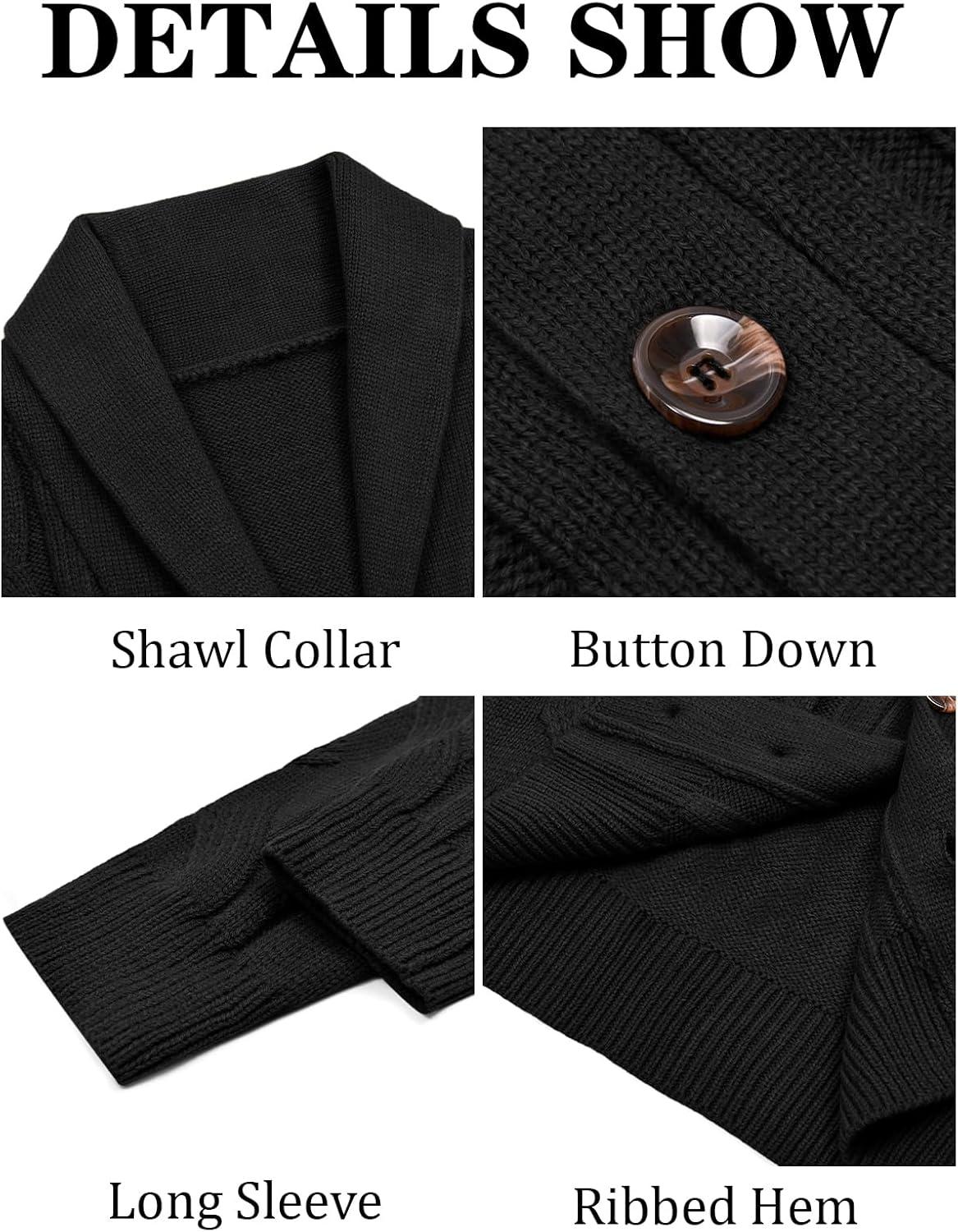 imageRuncati Mens Cable Knit Cardigan Sweater Shawl Collar Casual Button Down Long Sleeve SweatersBlack