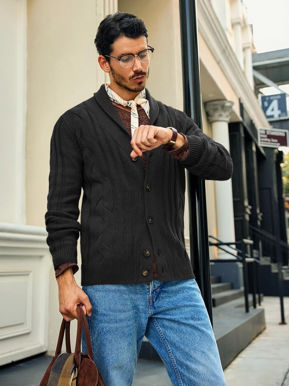 imageRuncati Mens Cable Knit Cardigan Sweater Shawl Collar Casual Button Down Long Sleeve SweatersBlack