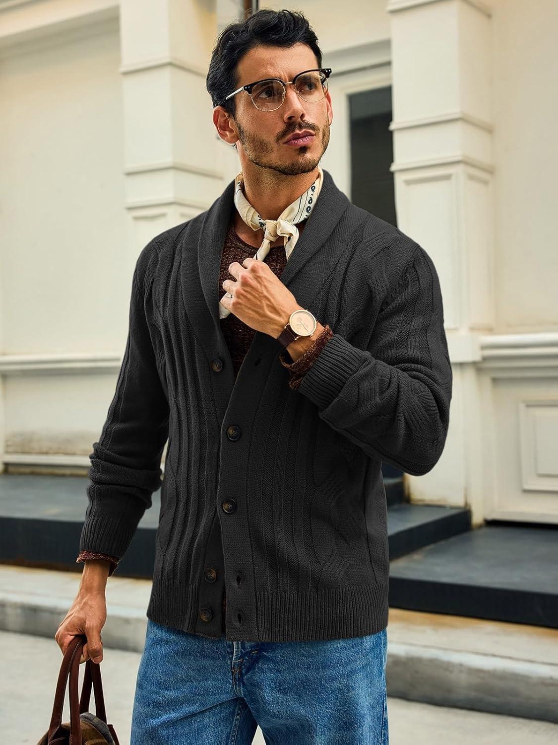 imageRuncati Mens Cable Knit Cardigan Sweater Shawl Collar Casual Button Down Long Sleeve SweatersBlack