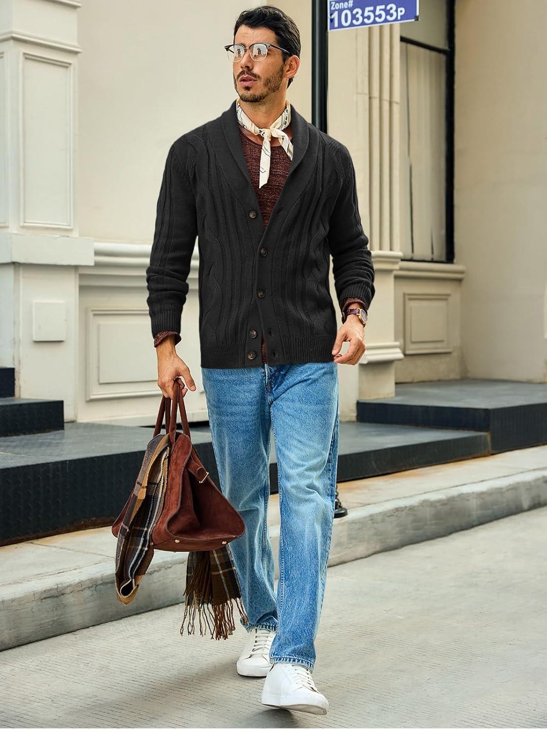 imageRuncati Mens Cable Knit Cardigan Sweater Shawl Collar Casual Button Down Long Sleeve SweatersBlack