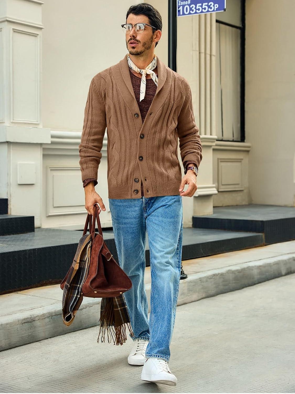 imageRuncati Mens Cable Knit Cardigan Sweater Shawl Collar Casual Button Down Long Sleeve SweatersBrown