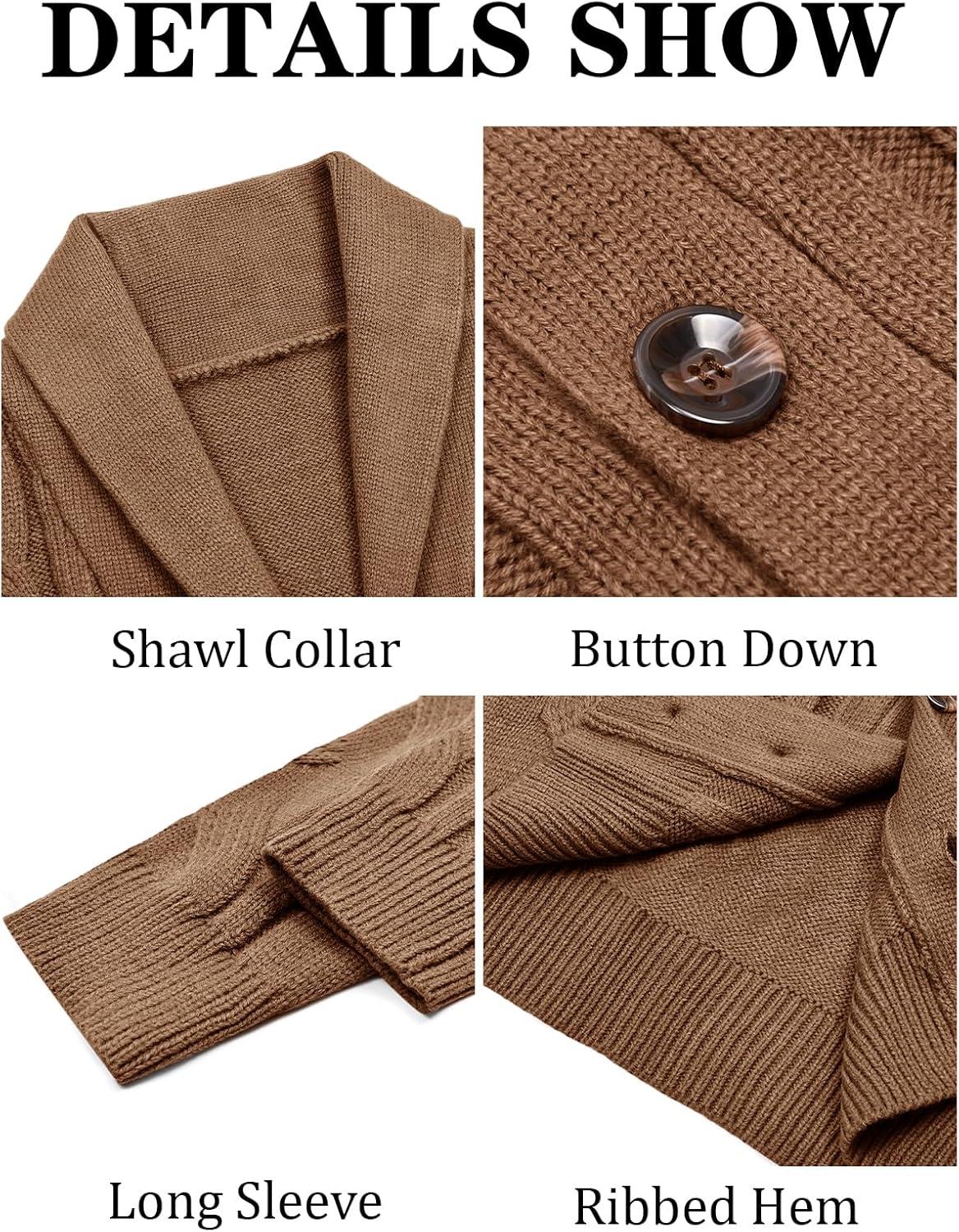 imageRuncati Mens Cable Knit Cardigan Sweater Shawl Collar Casual Button Down Long Sleeve SweatersBrown