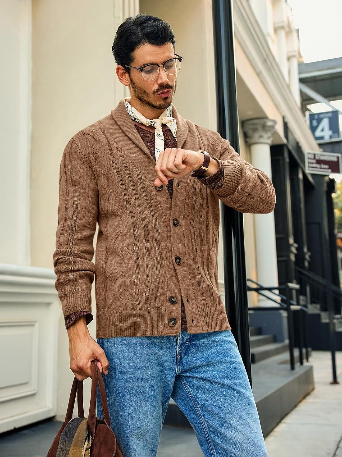 imageRuncati Mens Cable Knit Cardigan Sweater Shawl Collar Casual Button Down Long Sleeve SweatersBrown