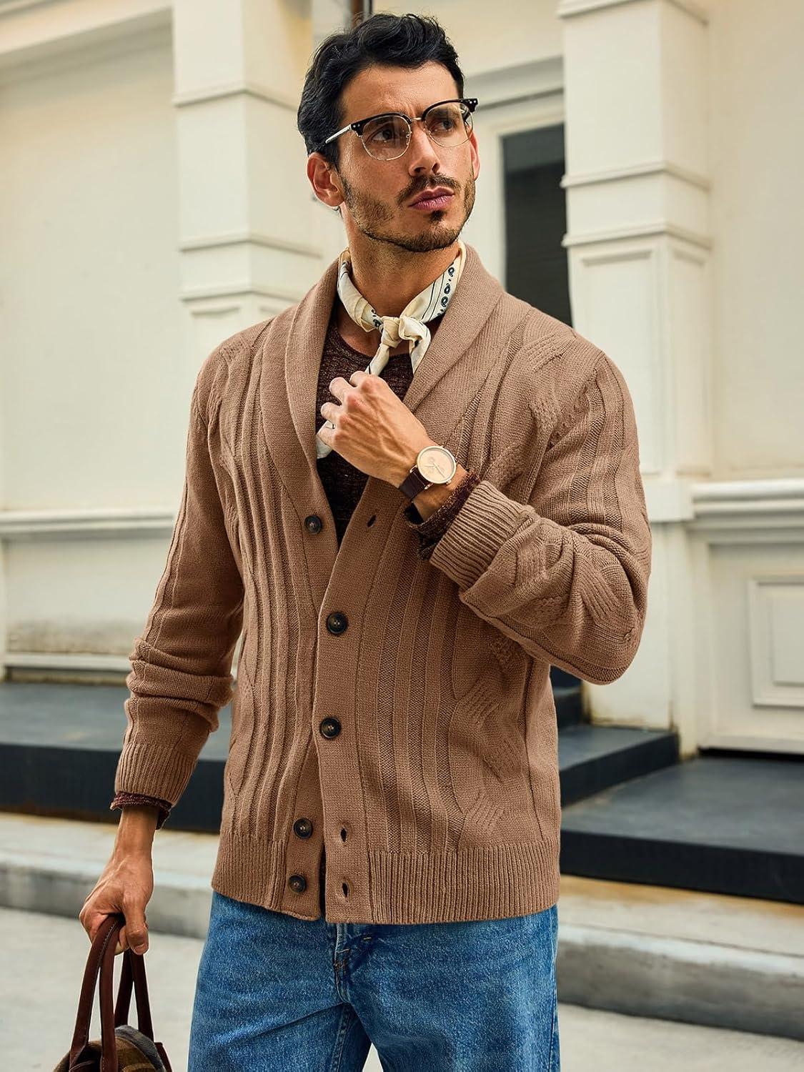 imageRuncati Mens Cable Knit Cardigan Sweater Shawl Collar Casual Button Down Long Sleeve SweatersBrown