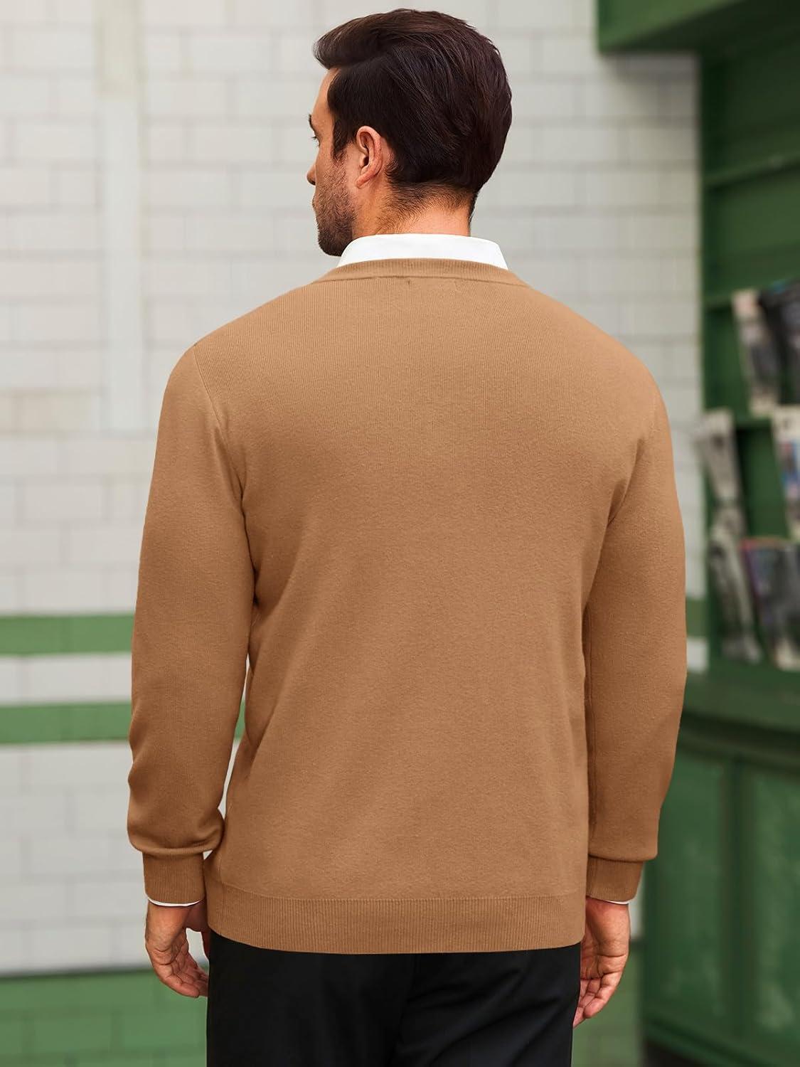 imageRuncati Mens Henley Knit Sweater Long Sleeve Quarter Button Pullover Sweaters Casual Fall TopsLight Brown