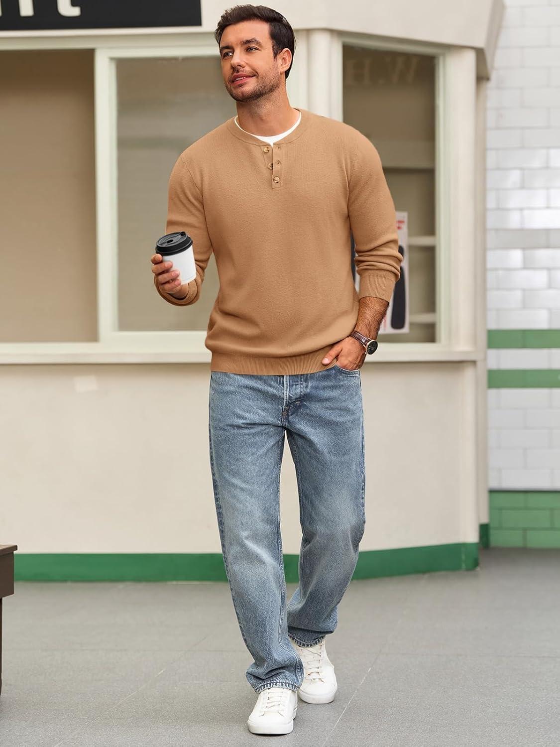 imageRuncati Mens Henley Knit Sweater Long Sleeve Quarter Button Pullover Sweaters Casual Fall TopsLight Brown