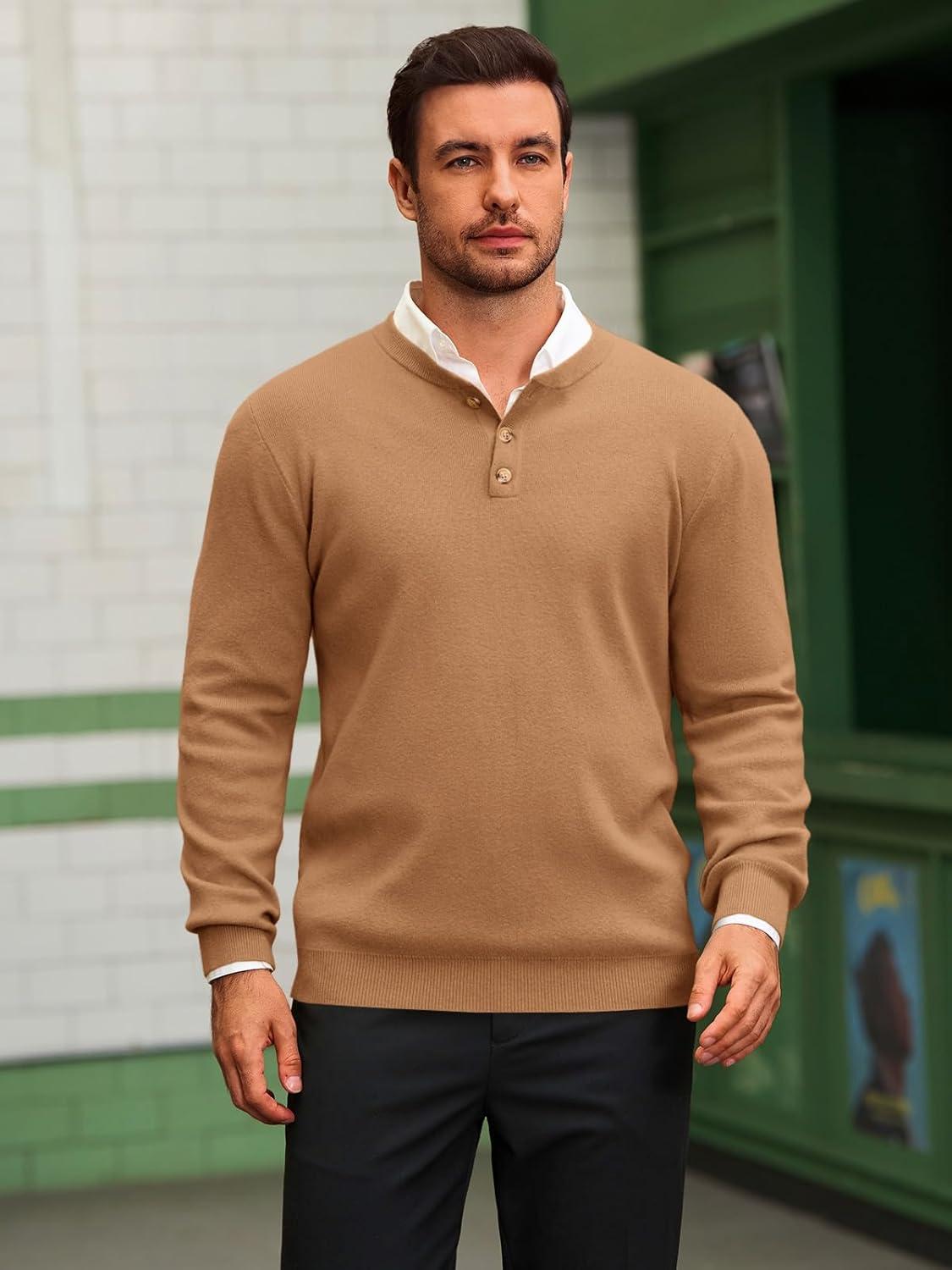 imageRuncati Mens Henley Knit Sweater Long Sleeve Quarter Button Pullover Sweaters Casual Fall TopsLight Brown