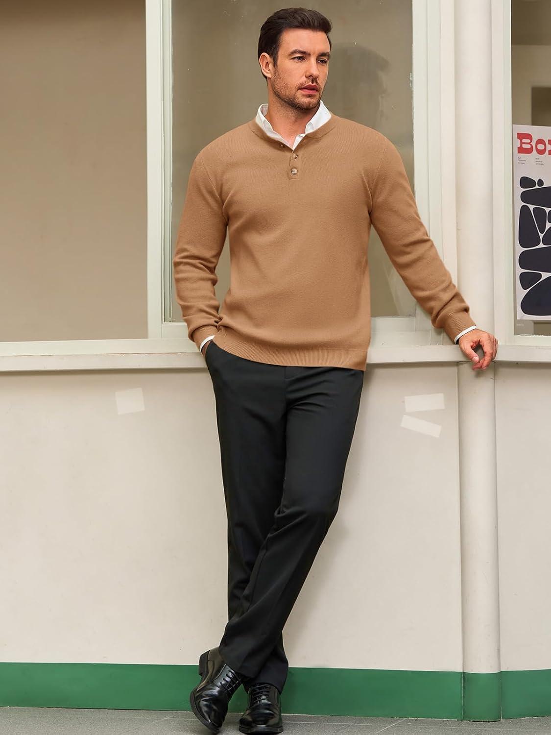 imageRuncati Mens Henley Knit Sweater Long Sleeve Quarter Button Pullover Sweaters Casual Fall TopsLight Brown