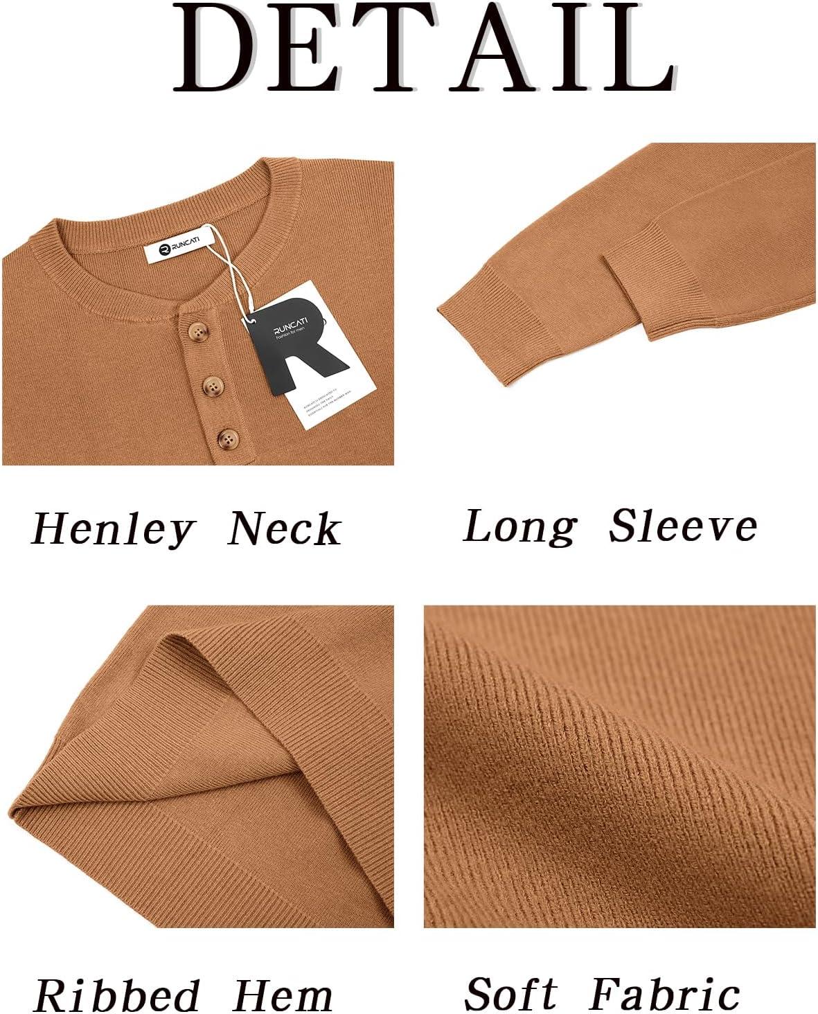 imageRuncati Mens Henley Knit Sweater Long Sleeve Quarter Button Pullover Sweaters Casual Fall TopsLight Brown