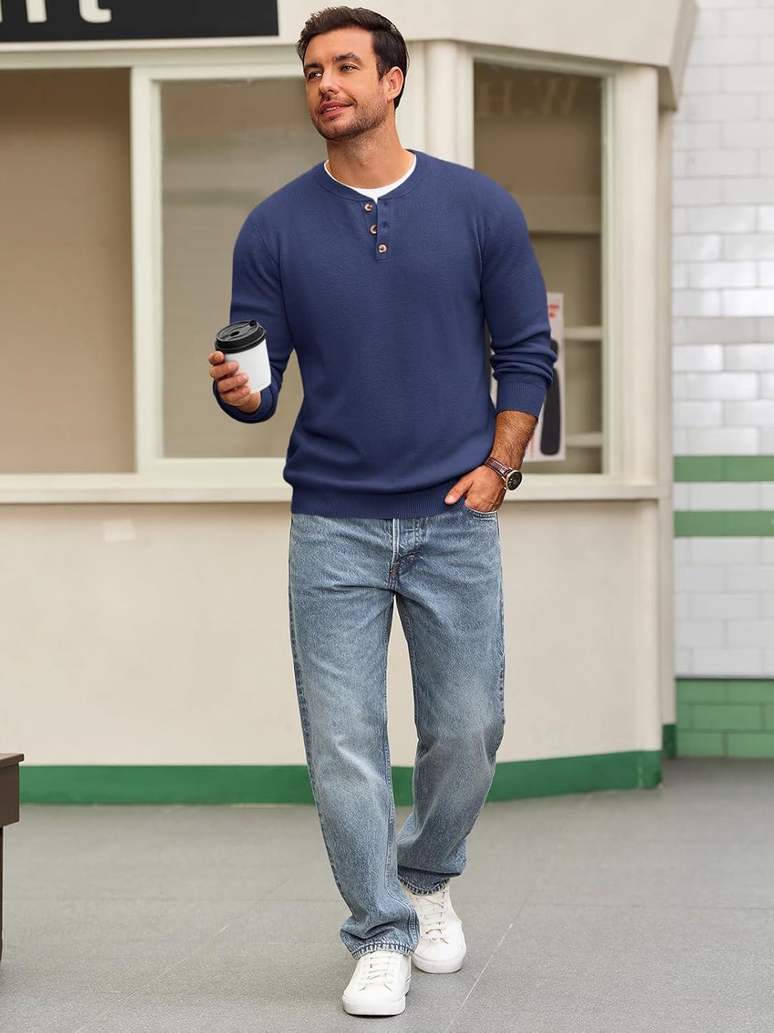 imageRuncati Mens Henley Knit Sweater Long Sleeve Quarter Button Pullover Sweaters Casual Fall TopsNavy