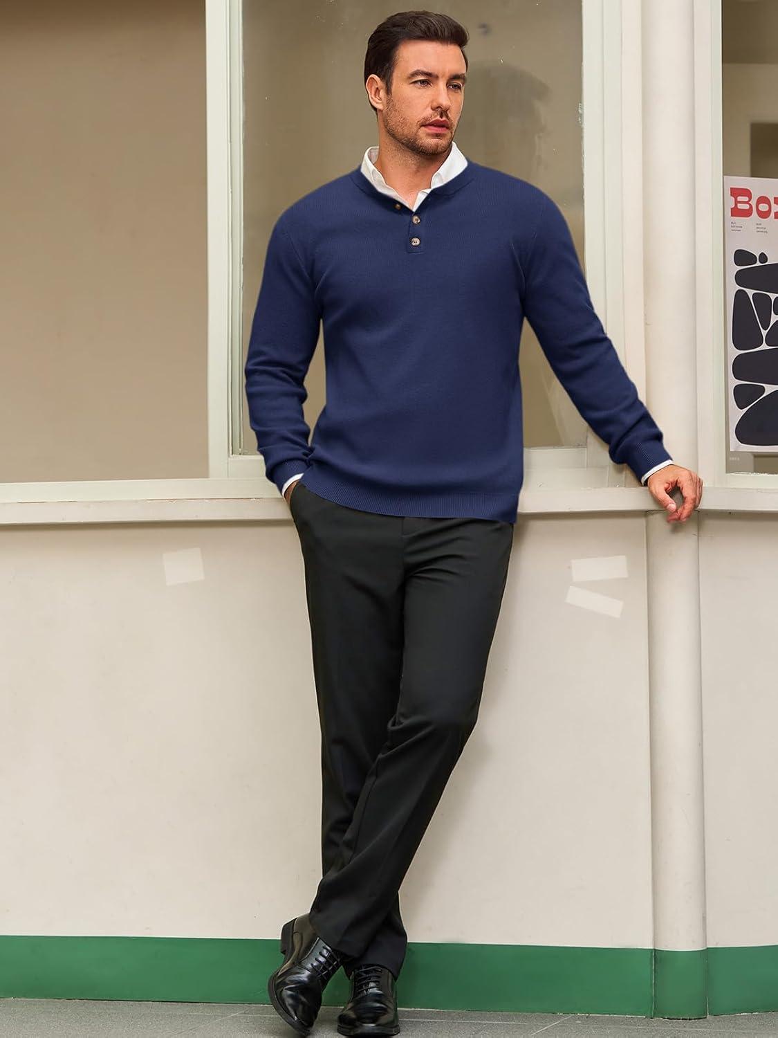 imageRuncati Mens Henley Knit Sweater Long Sleeve Quarter Button Pullover Sweaters Casual Fall TopsNavy