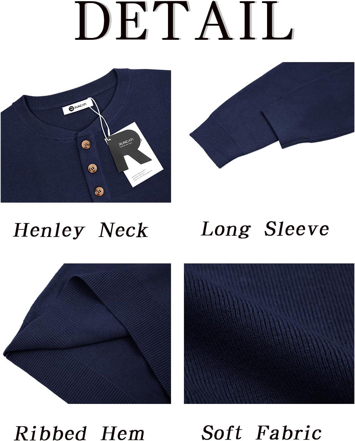 imageRuncati Mens Henley Knit Sweater Long Sleeve Quarter Button Pullover Sweaters Casual Fall TopsNavy