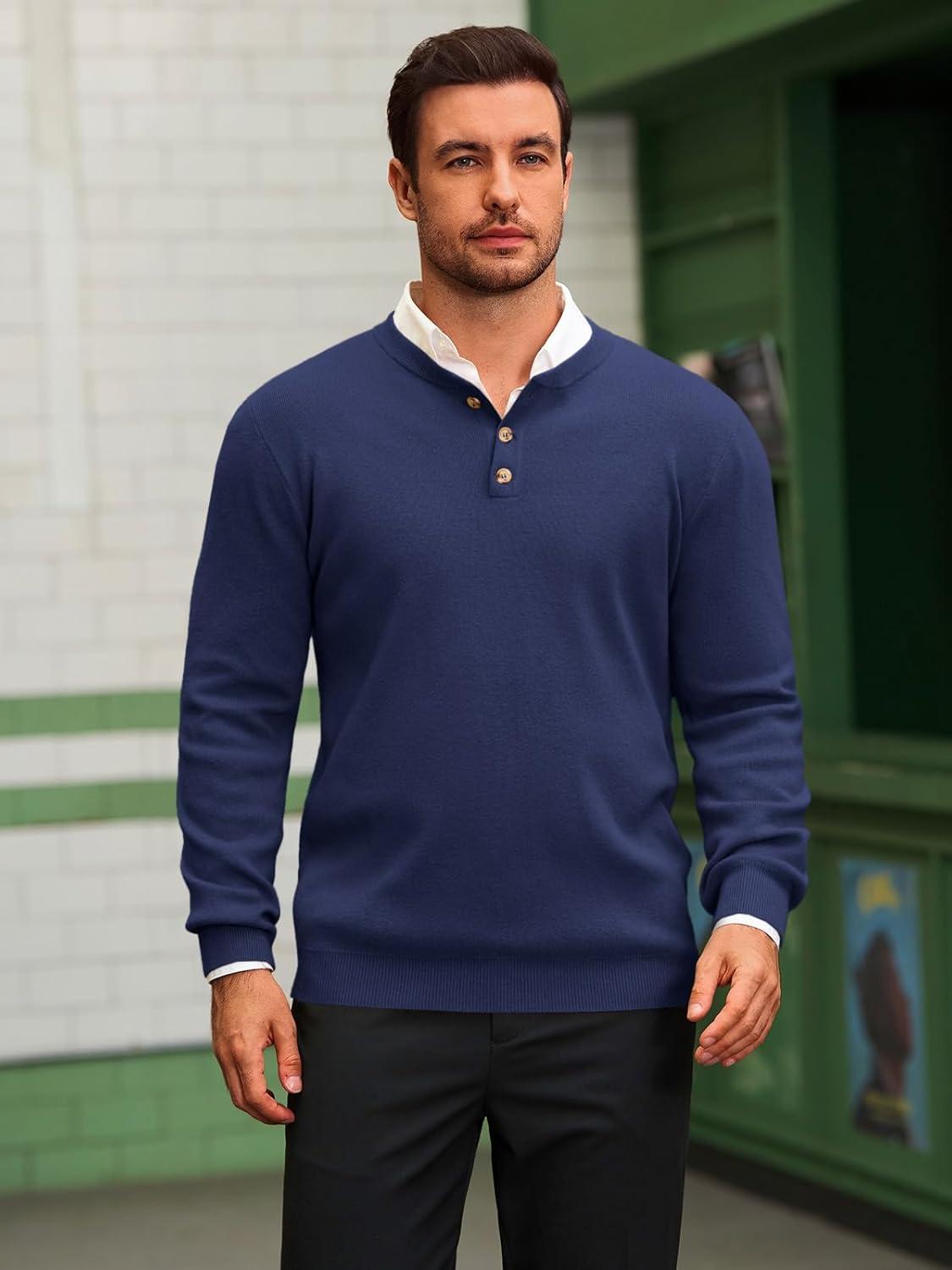 imageRuncati Mens Henley Knit Sweater Long Sleeve Quarter Button Pullover Sweaters Casual Fall TopsNavy