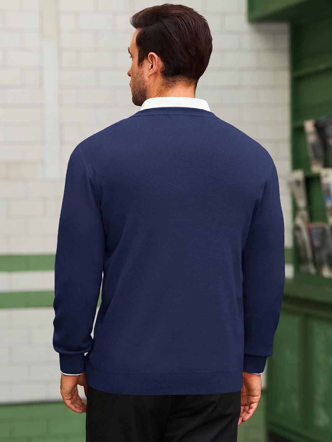 imageRuncati Mens Henley Knit Sweater Long Sleeve Quarter Button Pullover Sweaters Casual Fall TopsNavy