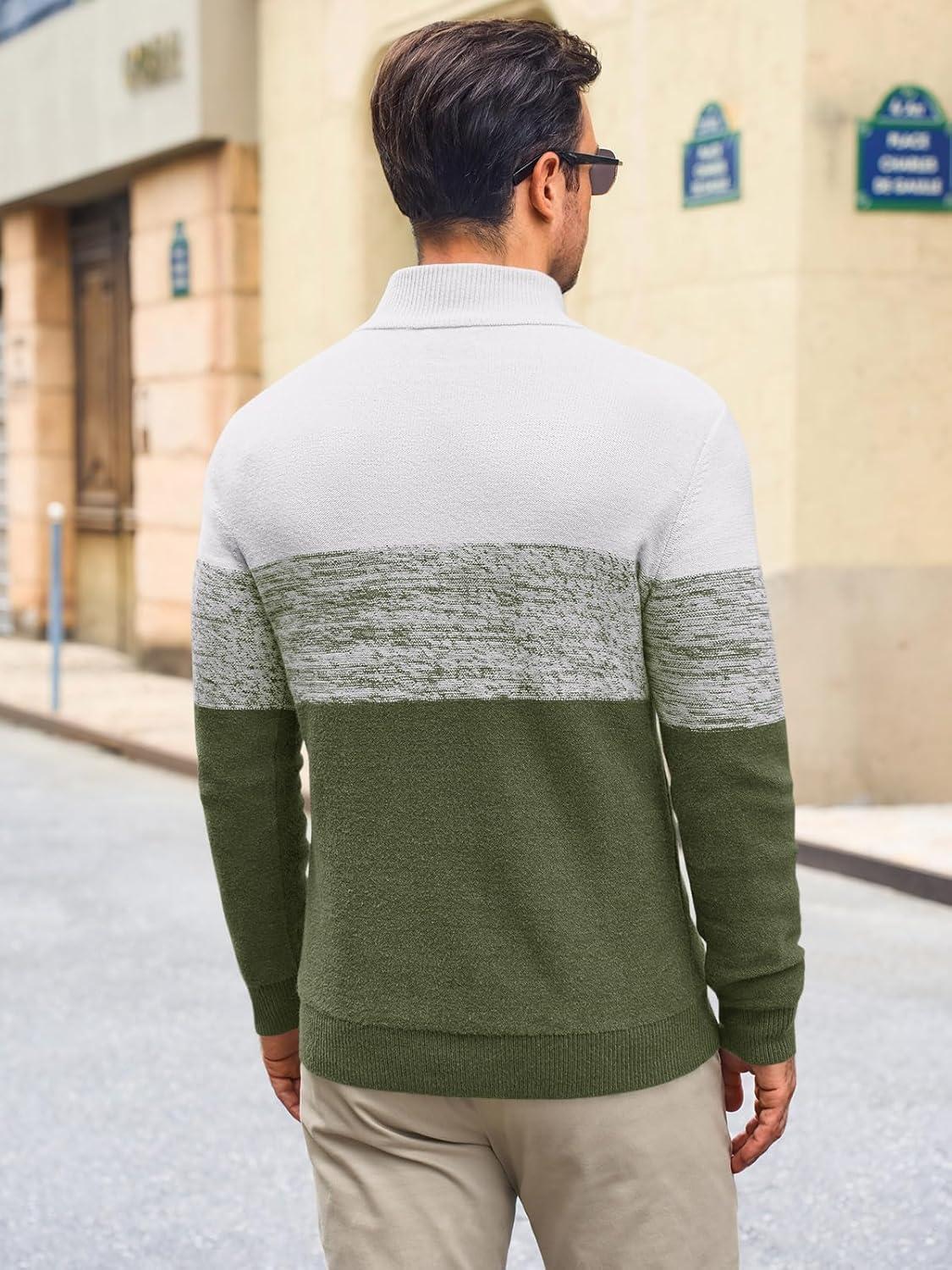 imageRuncati Mens Quarter Zip Sweaters Mock Neck Pullover Sweater Knitted Casual Color Block Fall Winter SweatersArmy Green