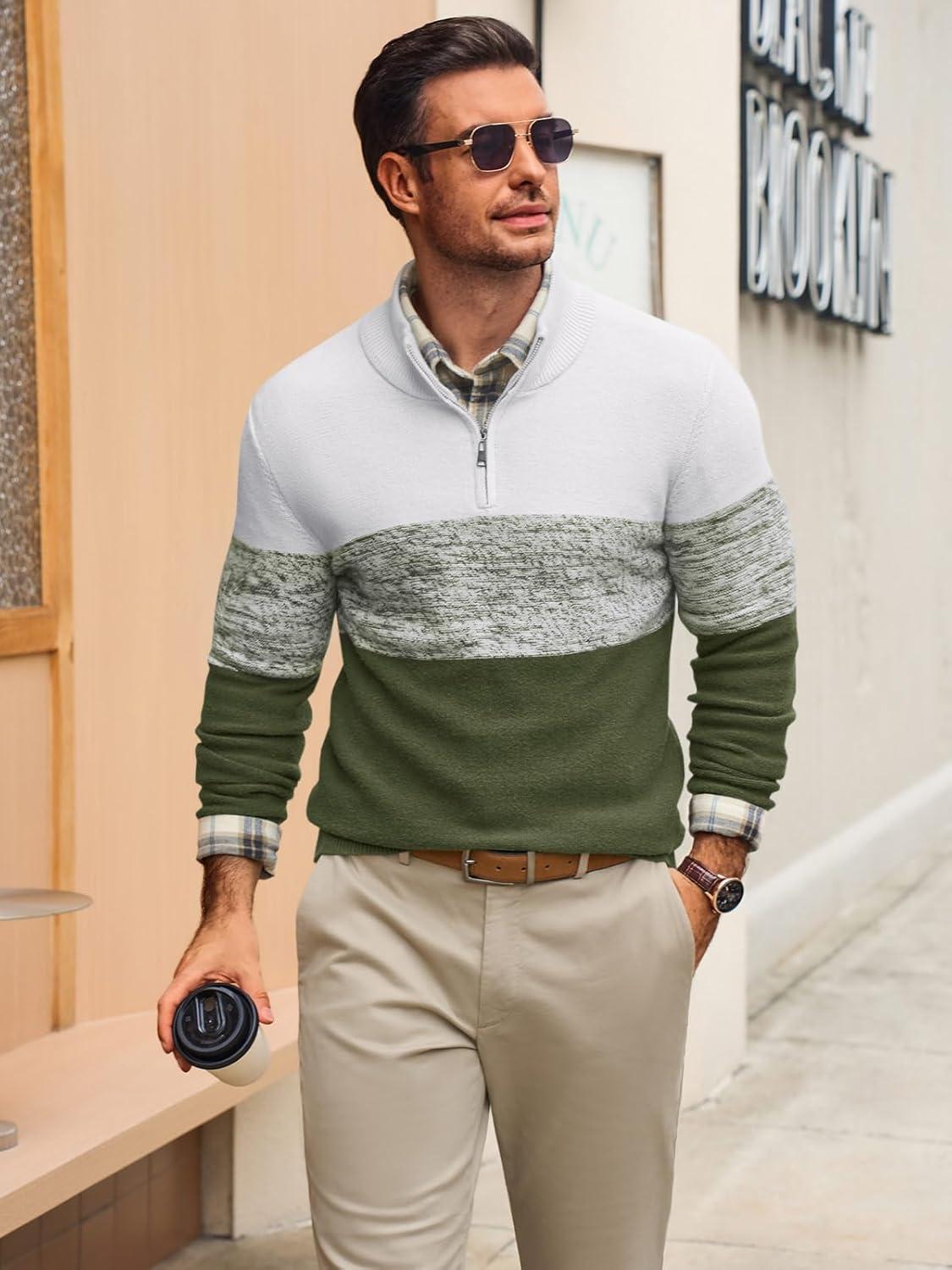 imageRuncati Mens Quarter Zip Sweaters Mock Neck Pullover Sweater Knitted Casual Color Block Fall Winter SweatersArmy Green