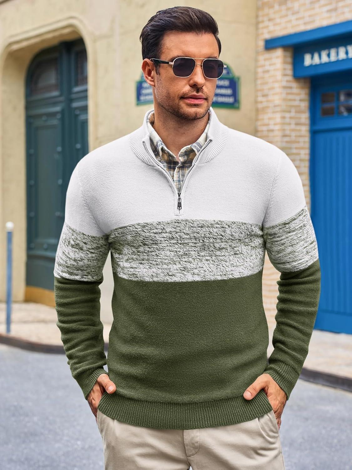 imageRuncati Mens Quarter Zip Sweaters Mock Neck Pullover Sweater Knitted Casual Color Block Fall Winter SweatersArmy Green