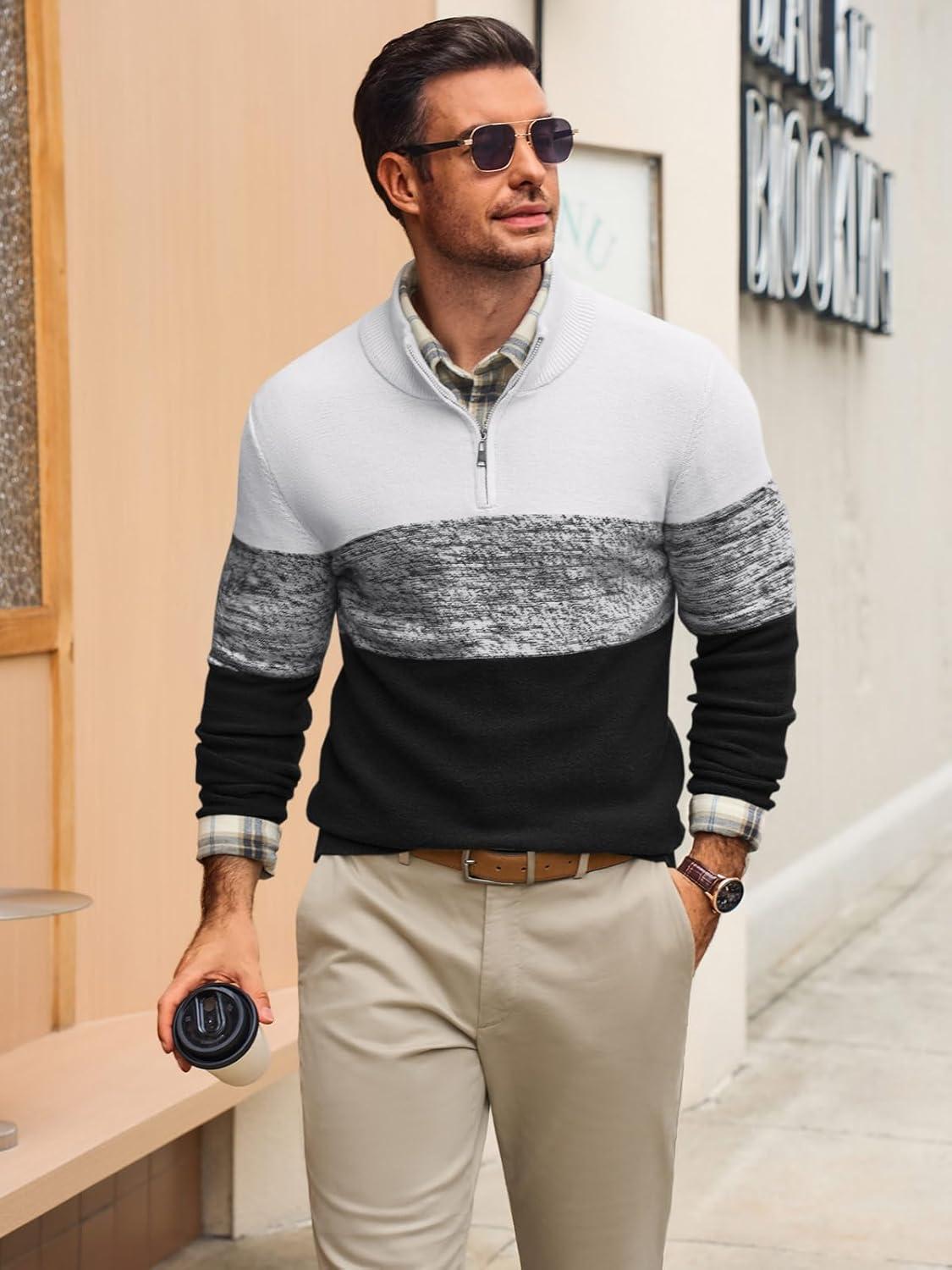 imageRuncati Mens Quarter Zip Sweaters Mock Neck Pullover Sweater Knitted Casual Color Block Fall Winter SweatersBlack