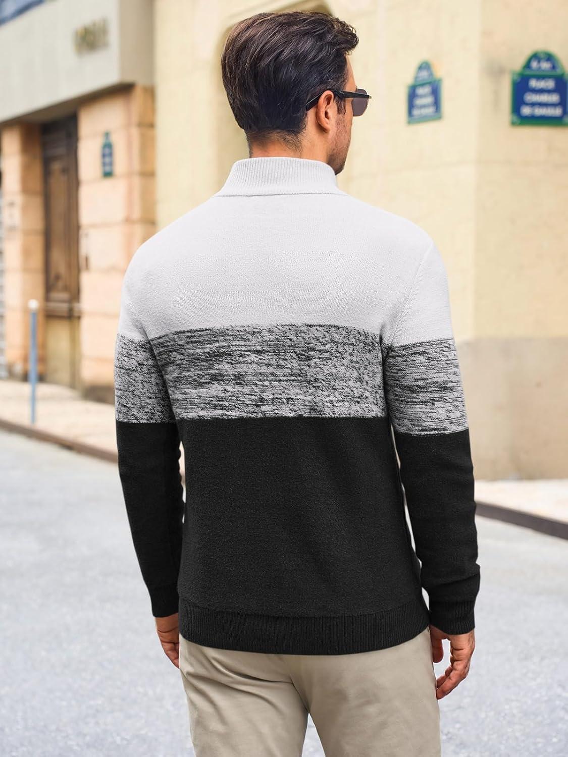 imageRuncati Mens Quarter Zip Sweaters Mock Neck Pullover Sweater Knitted Casual Color Block Fall Winter SweatersBlack