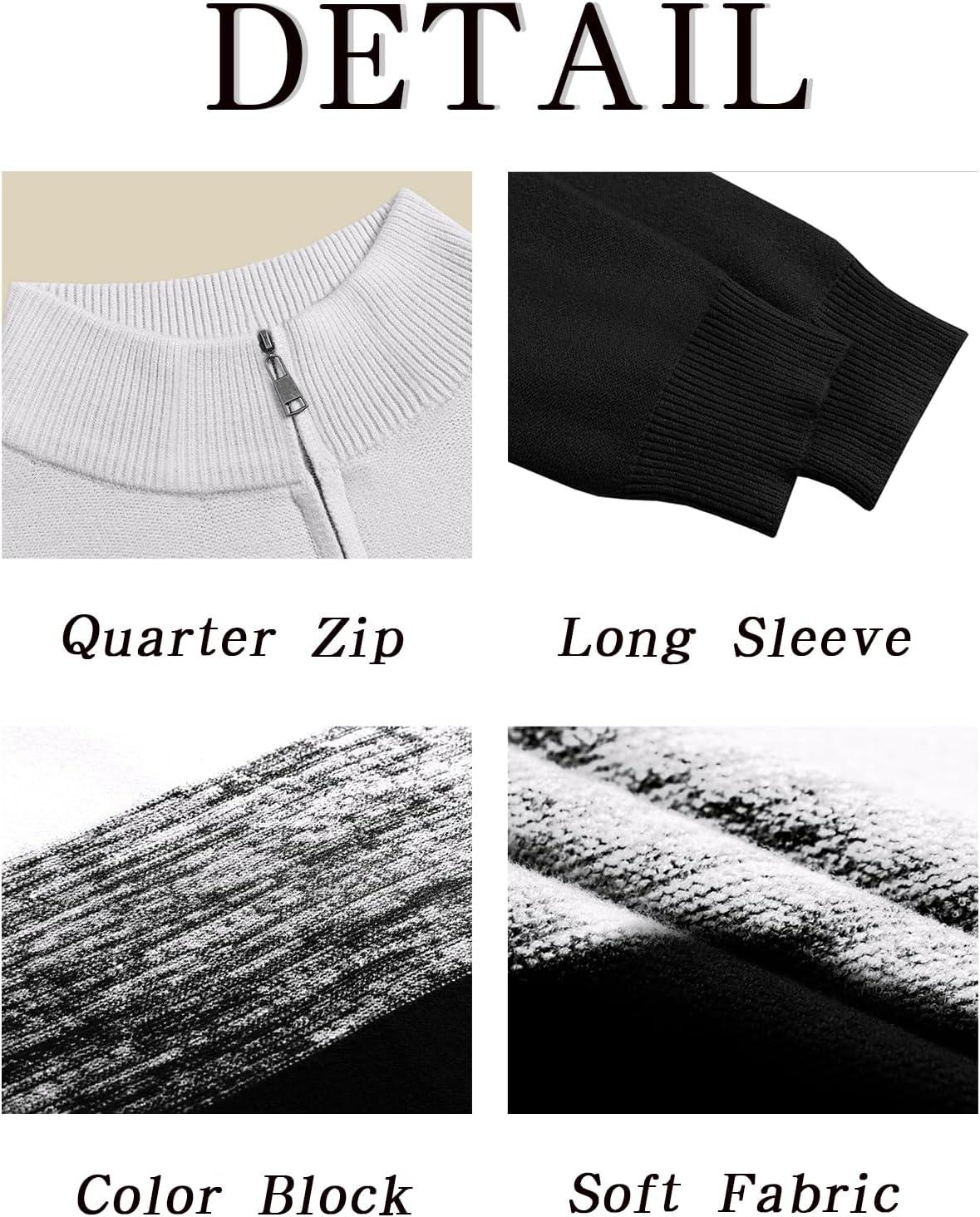 imageRuncati Mens Quarter Zip Sweaters Mock Neck Pullover Sweater Knitted Casual Color Block Fall Winter SweatersBlack