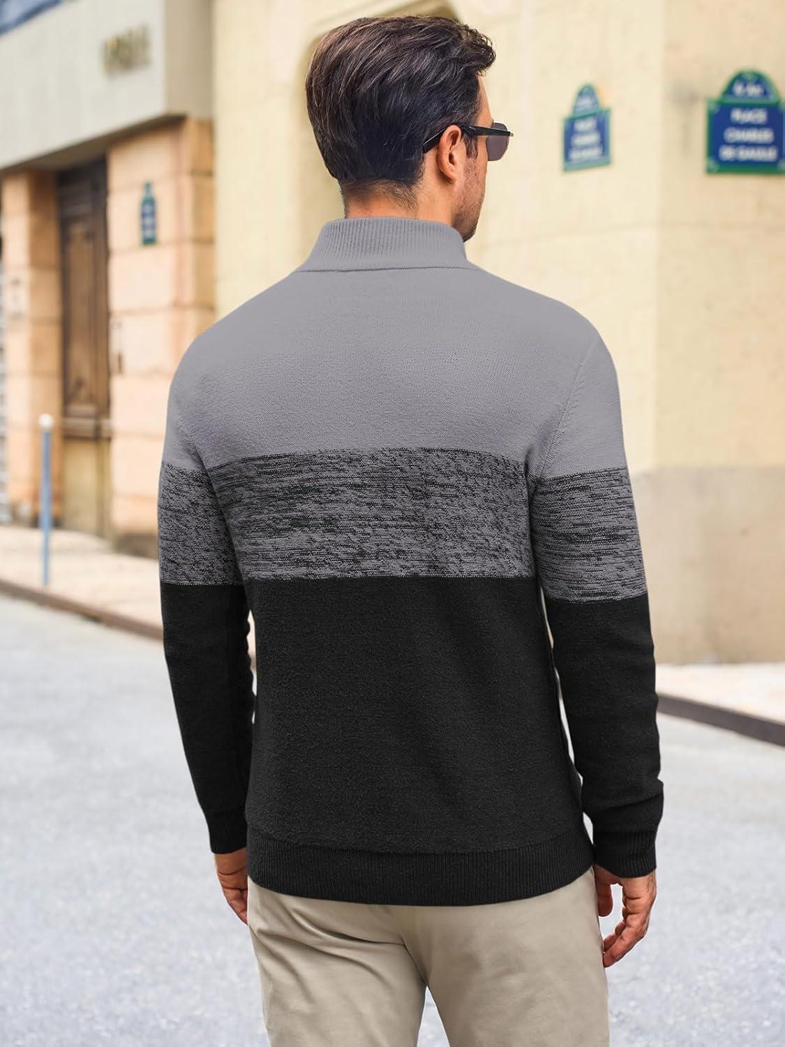 imageRuncati Mens Quarter Zip Sweaters Mock Neck Pullover Sweater Knitted Casual Color Block Fall Winter SweatersDark Grey
