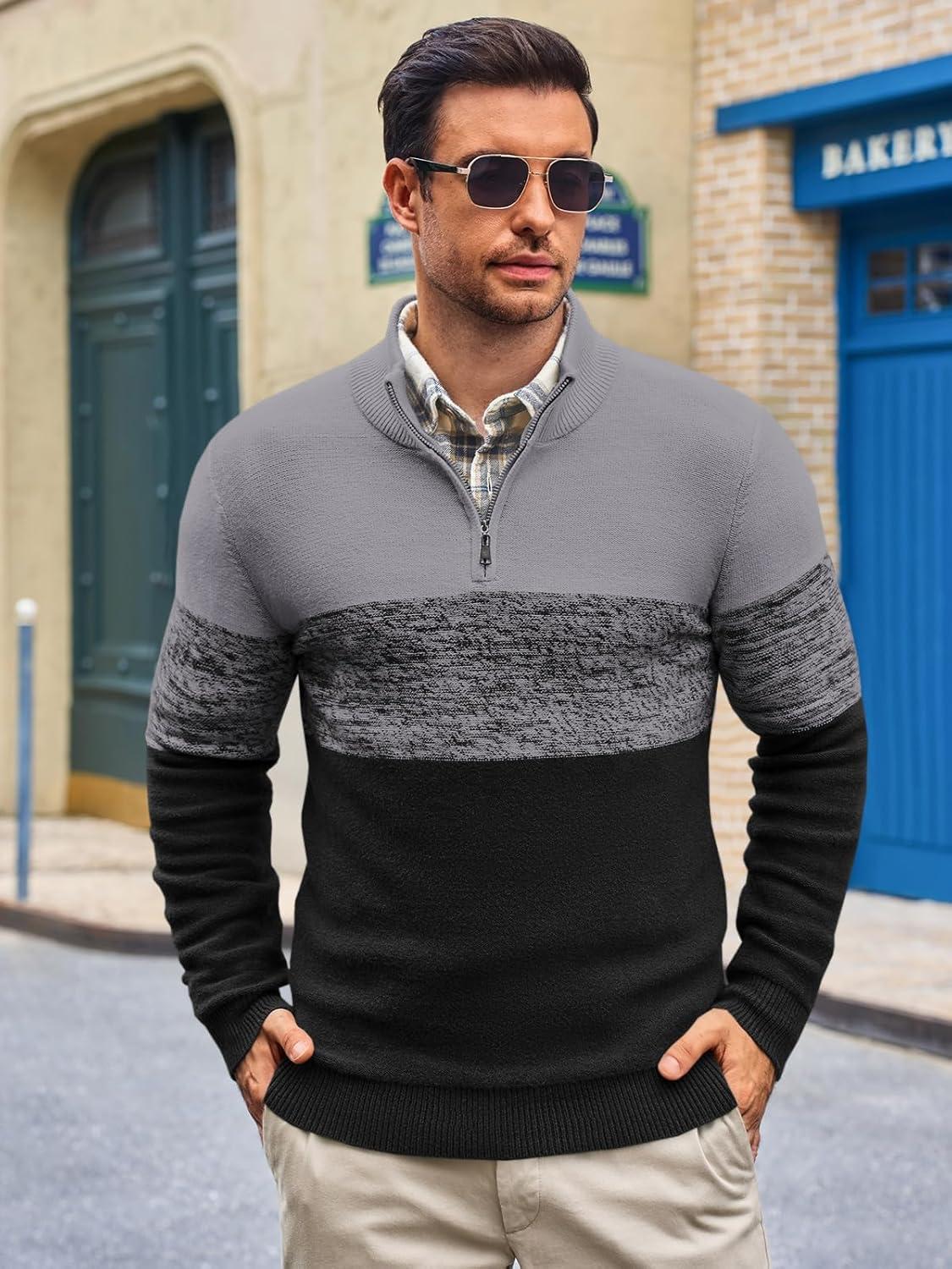imageRuncati Mens Quarter Zip Sweaters Mock Neck Pullover Sweater Knitted Casual Color Block Fall Winter SweatersDark Grey