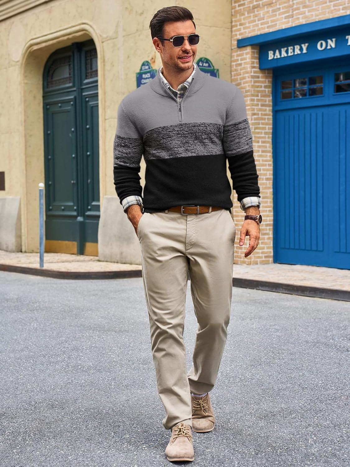 imageRuncati Mens Quarter Zip Sweaters Mock Neck Pullover Sweater Knitted Casual Color Block Fall Winter SweatersDark Grey