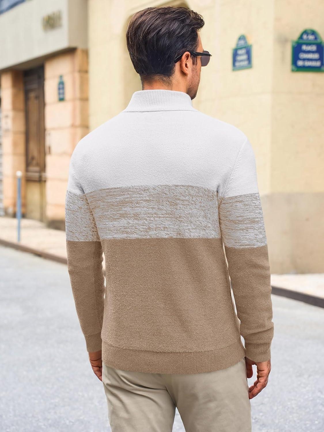 imageRuncati Mens Quarter Zip Sweaters Mock Neck Pullover Sweater Knitted Casual Color Block Fall Winter SweatersKhaki