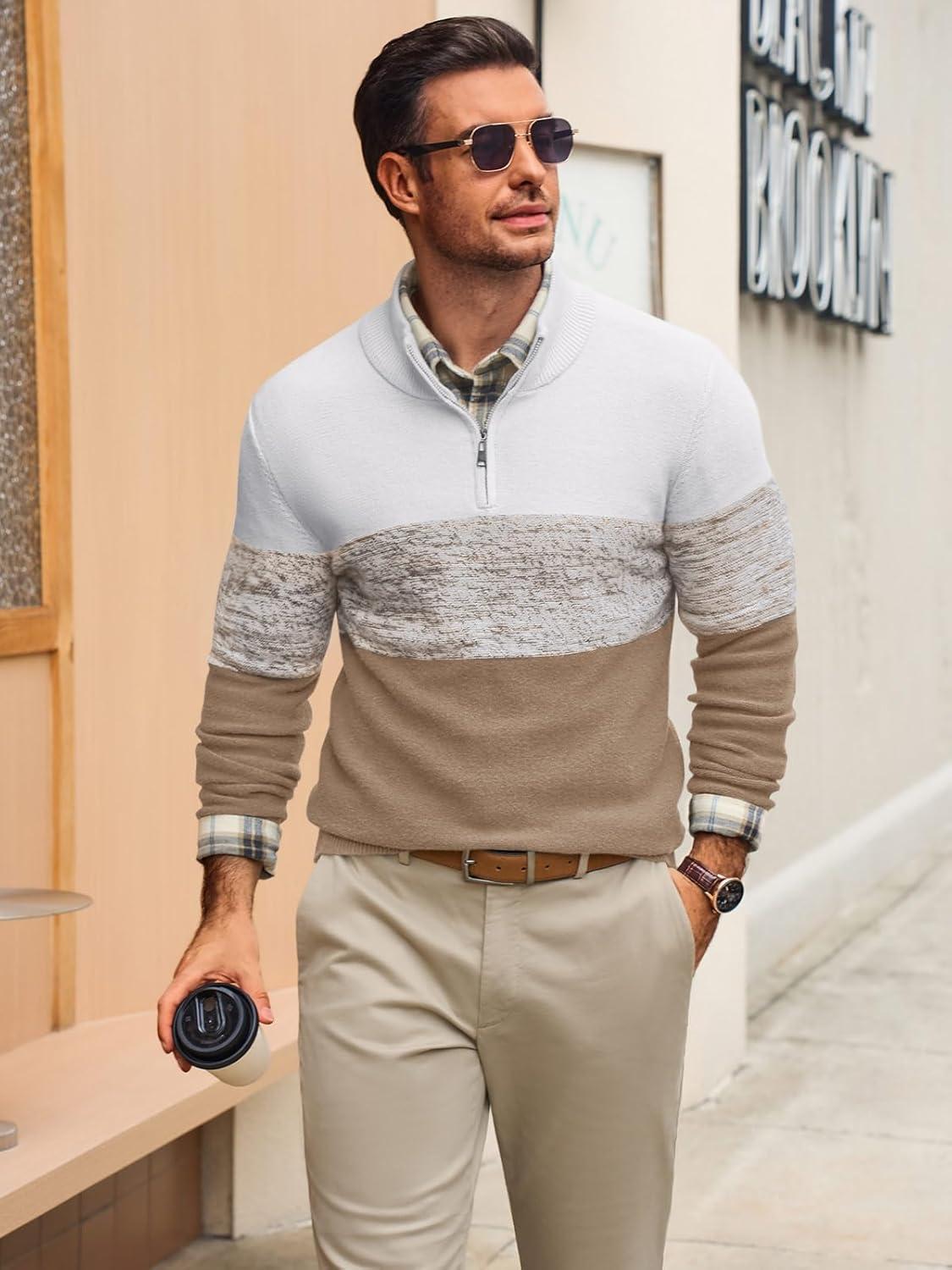 imageRuncati Mens Quarter Zip Sweaters Mock Neck Pullover Sweater Knitted Casual Color Block Fall Winter SweatersKhaki