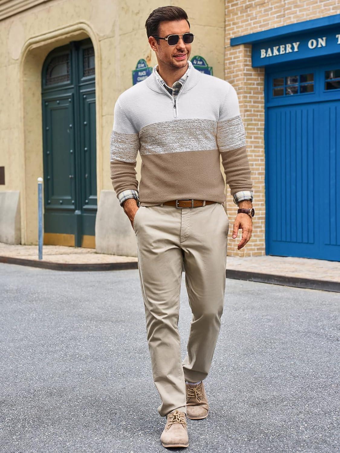 imageRuncati Mens Quarter Zip Sweaters Mock Neck Pullover Sweater Knitted Casual Color Block Fall Winter SweatersKhaki