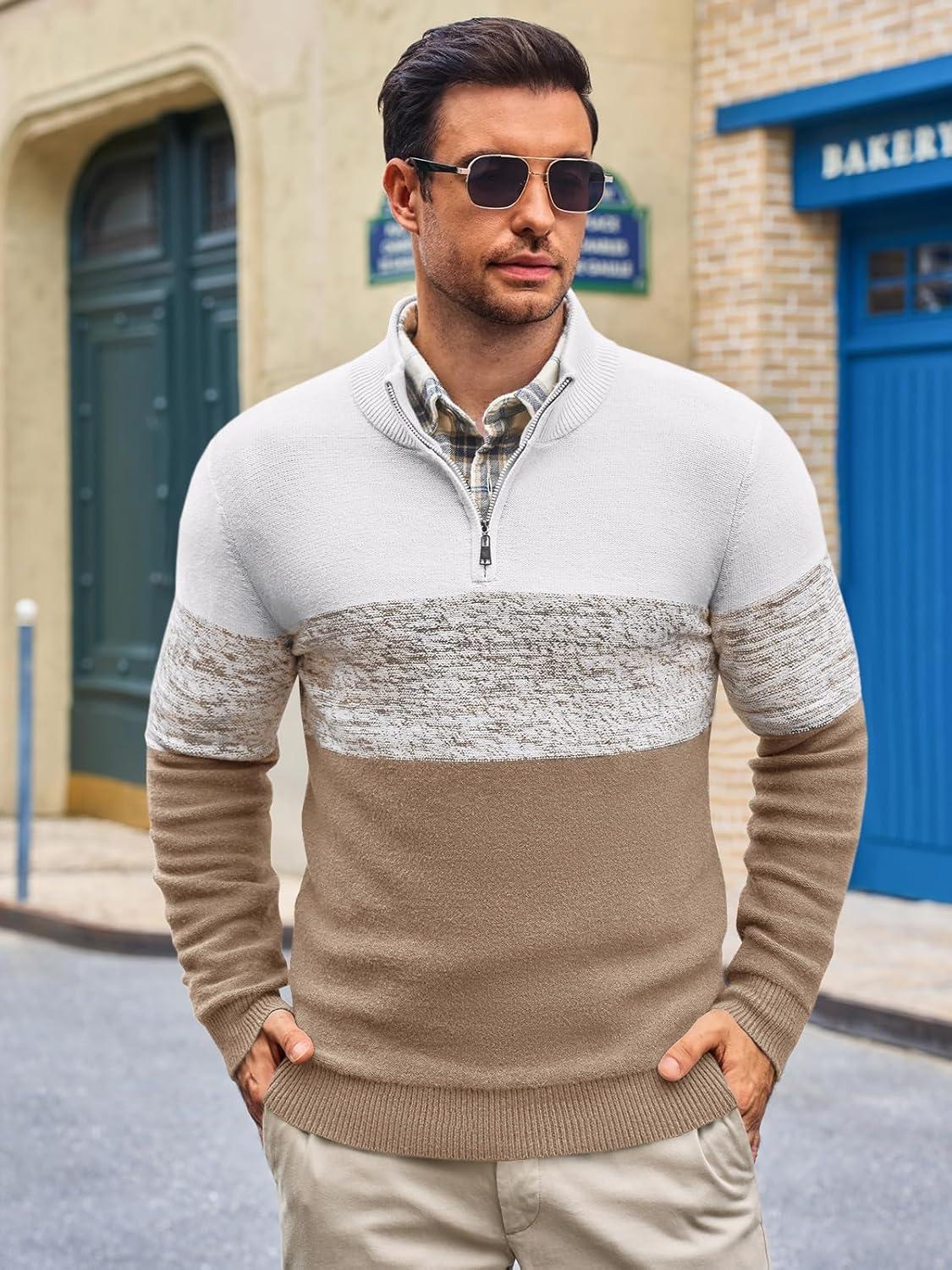 imageRuncati Mens Quarter Zip Sweaters Mock Neck Pullover Sweater Knitted Casual Color Block Fall Winter SweatersKhaki