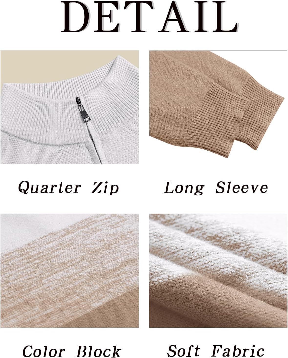 imageRuncati Mens Quarter Zip Sweaters Mock Neck Pullover Sweater Knitted Casual Color Block Fall Winter SweatersKhaki