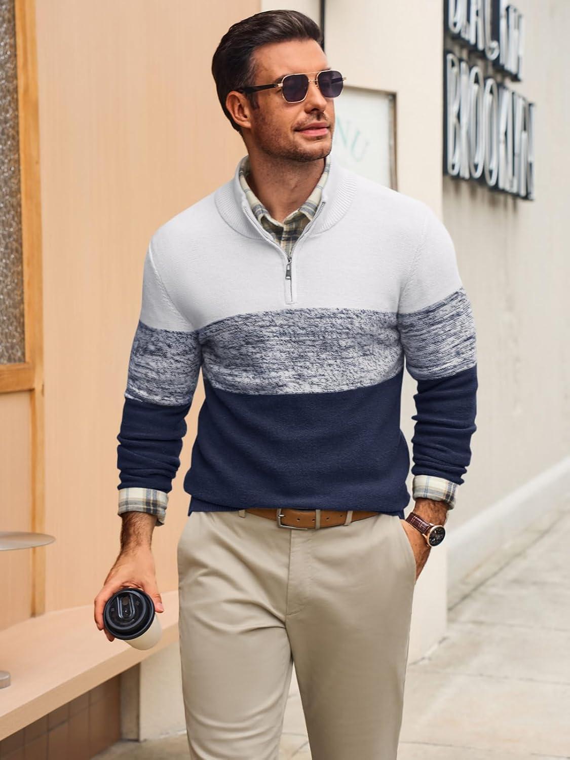 imageRuncati Mens Quarter Zip Sweaters Mock Neck Pullover Sweater Knitted Casual Color Block Fall Winter SweatersNavy