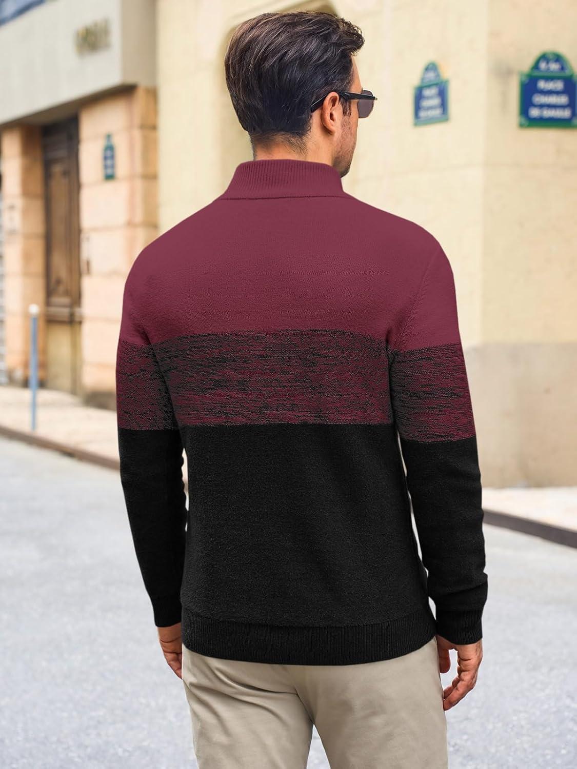 imageRuncati Mens Quarter Zip Sweaters Mock Neck Pullover Sweater Knitted Casual Color Block Fall Winter SweatersWine Red