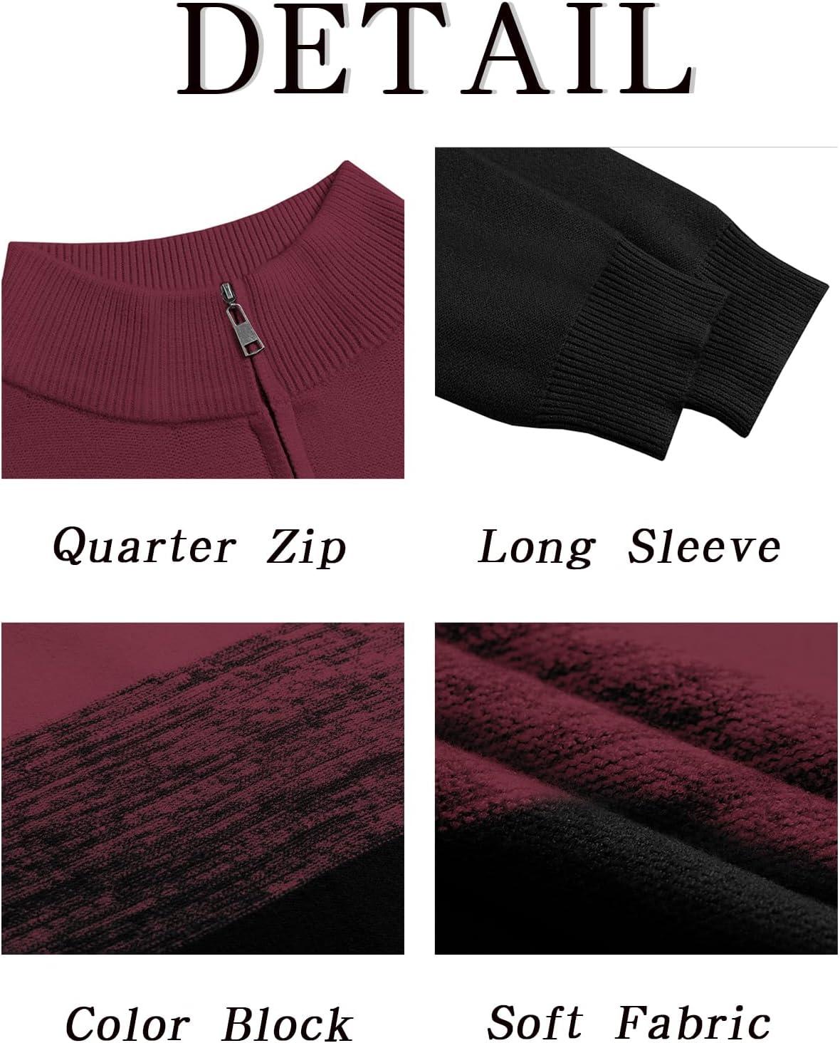 imageRuncati Mens Quarter Zip Sweaters Mock Neck Pullover Sweater Knitted Casual Color Block Fall Winter SweatersWine Red