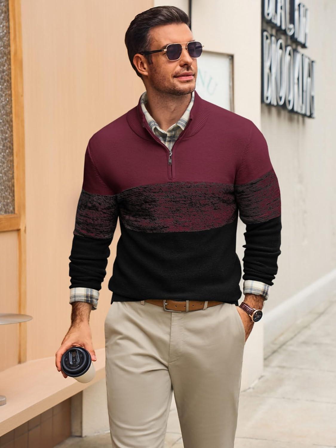 imageRuncati Mens Quarter Zip Sweaters Mock Neck Pullover Sweater Knitted Casual Color Block Fall Winter SweatersWine Red