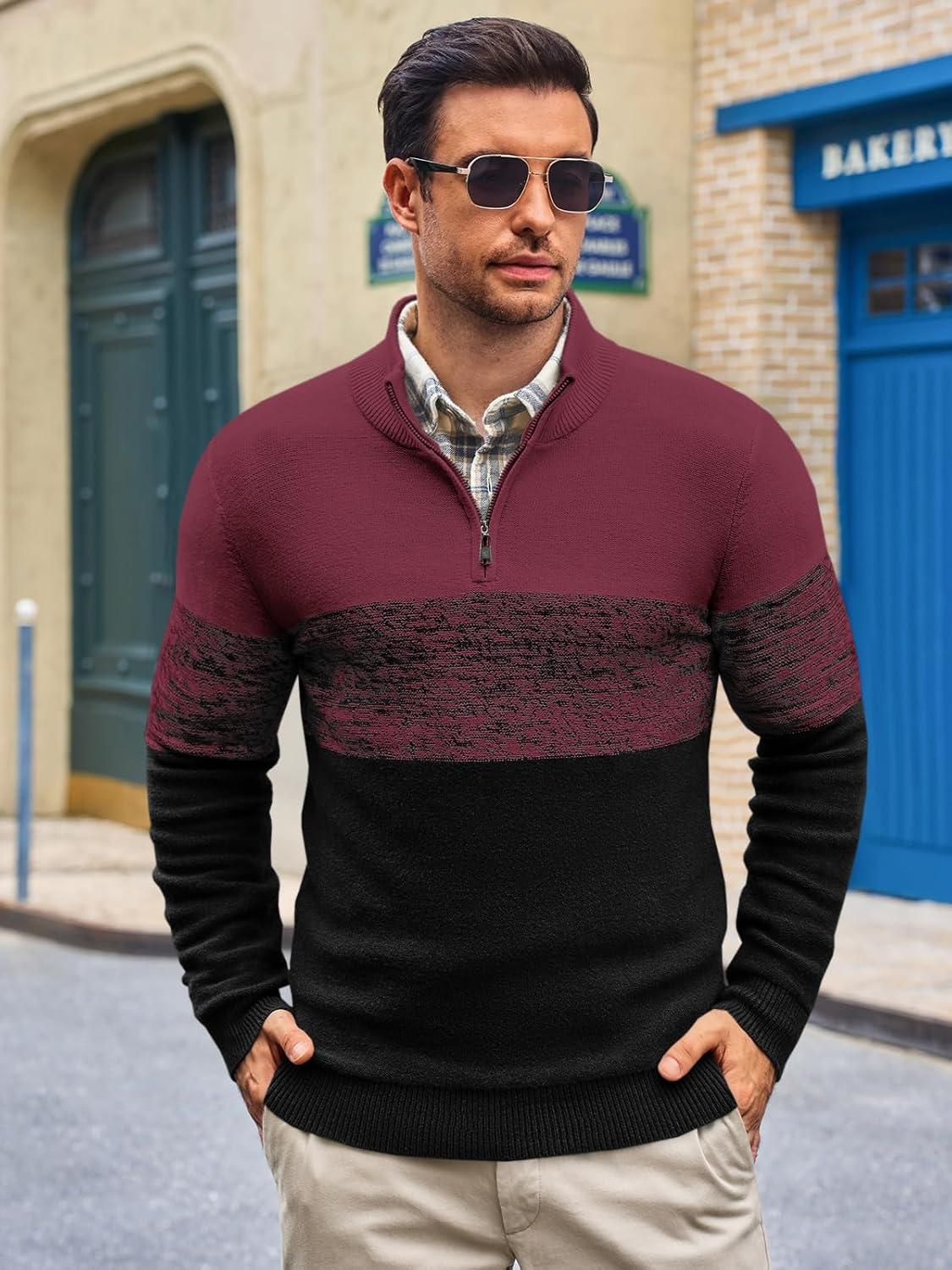 imageRuncati Mens Quarter Zip Sweaters Mock Neck Pullover Sweater Knitted Casual Color Block Fall Winter SweatersWine Red
