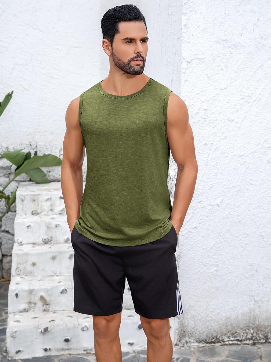 imageRuncati Mens Sleeveless Tank Tops Workout Cut Off Shirt Muscle Athletic Gym Summer Beach T ShirtsArmy Green