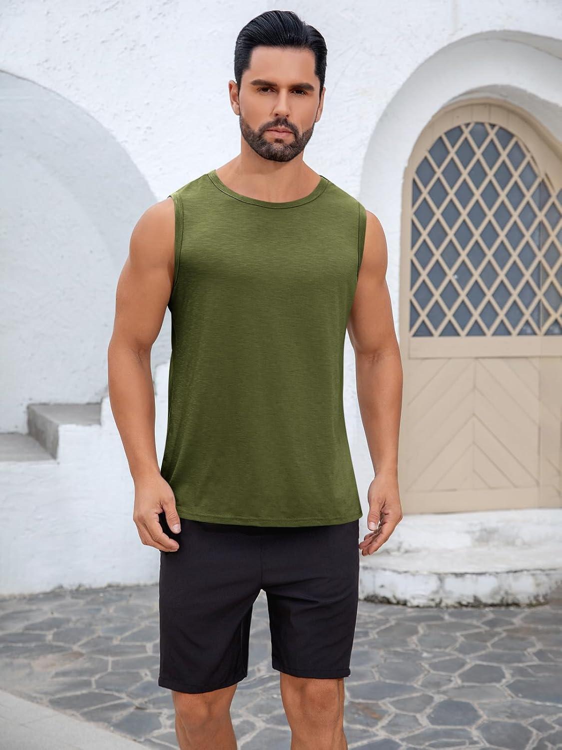 imageRuncati Mens Sleeveless Tank Tops Workout Cut Off Shirt Muscle Athletic Gym Summer Beach T ShirtsArmy Green
